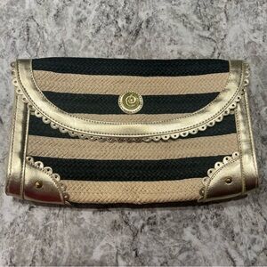 Mud Pie Clutch tan gold black straw polka dots striped stripes